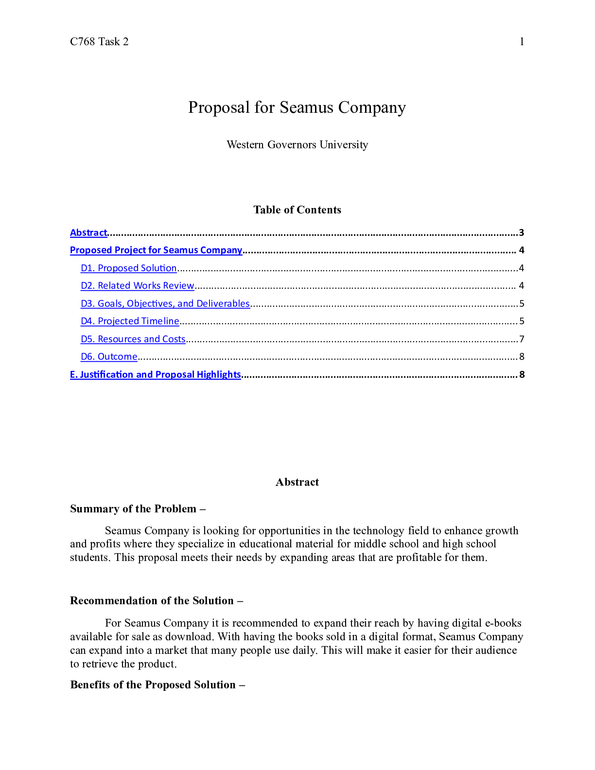 Preview of C768 Task 2.docx    Proposal for Seamus Company  Western Governors University  Table of Co